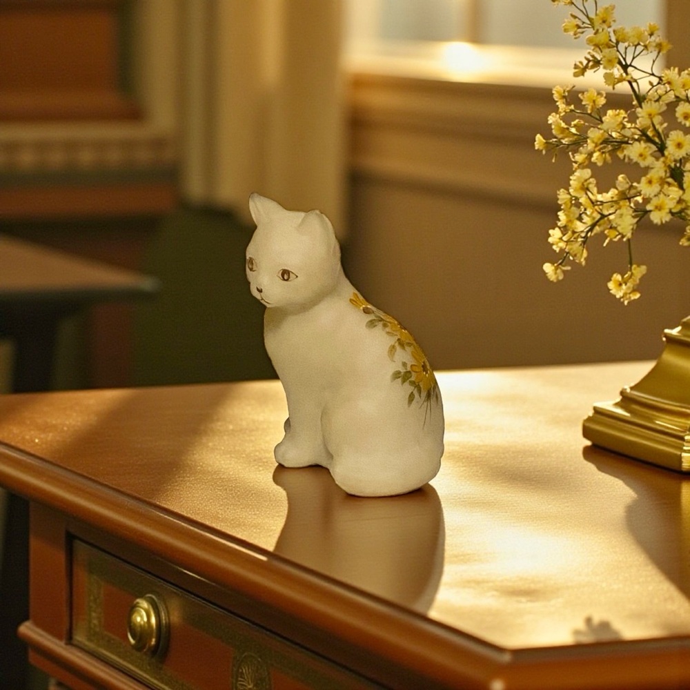 Fenton Cream Custard Satin Glass Cat Hand Painted Floral Signed Figurine Vintage